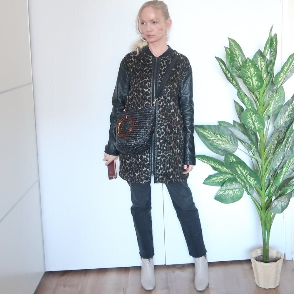 B. Young Black & Brown Leopard Bomber Jacket / Coat With Leather Sleeves Size 6